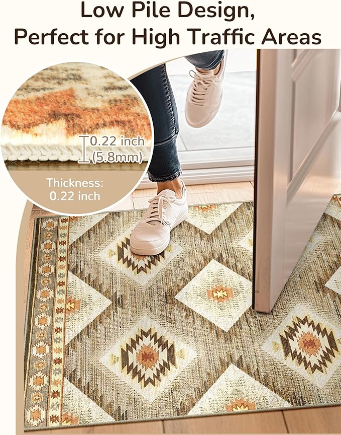 Area Rug 6x9 Rug Machine Washable Non-Slip Low Pile Print Pattern Western Rug for Living Room Bedroom Entryway Tribal Series -Cream/Camel