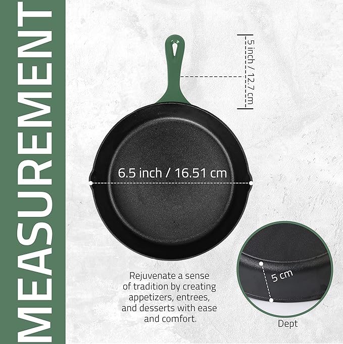 Utopia Kitchen Cast Iron Frying Pan 6.5 Inch, Cast Iron Chefs Pan, Pre Seasoned Skillet, Safe Grill Cookware for Indoor & Outdoor Use, Green