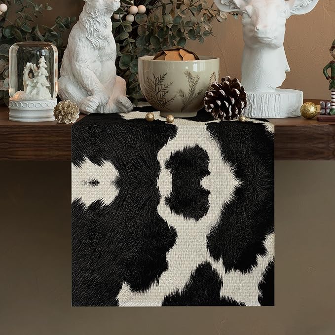 Cow Print Black Table Runner Kitchen Dining Linen Table Decoration for Indoor Outdoor Home Party Dinner 13x72 Inch