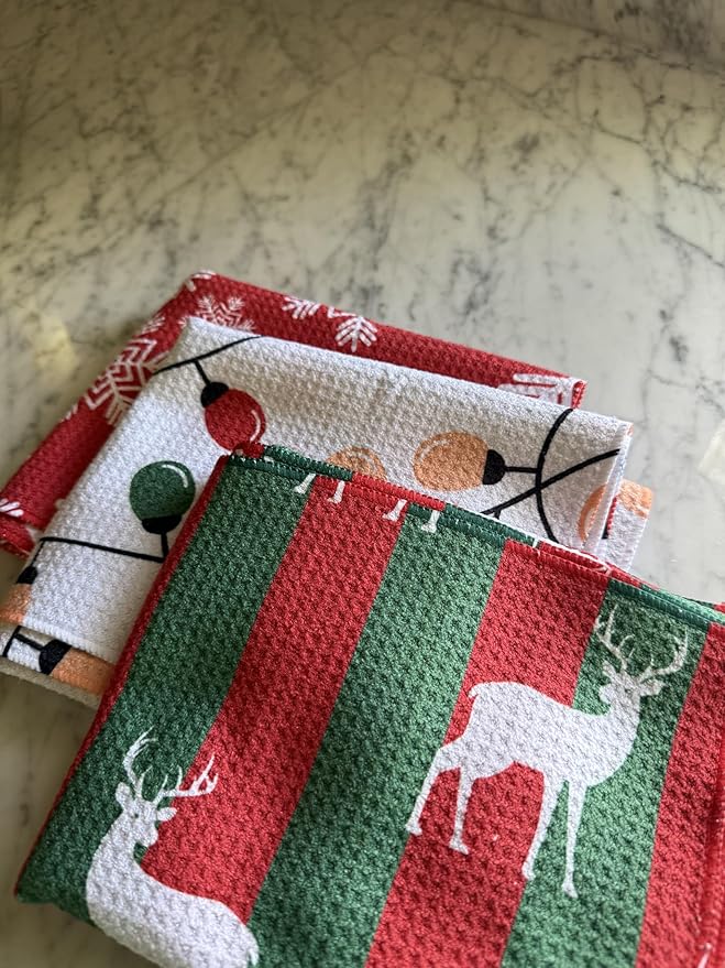 || 3 Pack|| Double Sided Dish Towels || Waffle Weave Microfiber || Highly Absorbent || Hanging Loop || Dish Cloths || Modern || Designer Prints || Lights (Christmas Lights red and Green)