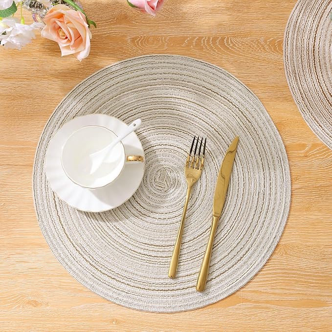 SHACOS Round Placemats Set of 6 Braided Circle Place Mat Washable 15 inch Table Mats for Kitchen Dining Table Decor Mixed Color (Ivory, 6)