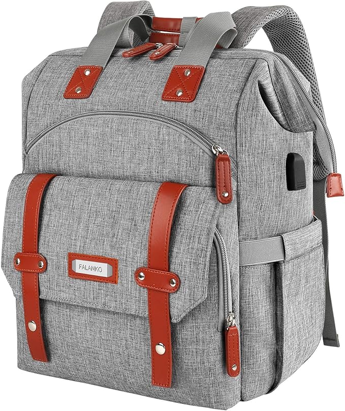 FALANKO Laptop Backpack for Women, Work Doctor Teacher Nurse Wide Open College School Student 17.3 Inch Laptops Bookbag Purse with USB Charging Port, Travel RFID Computer Bag for Men Women Girls Grey