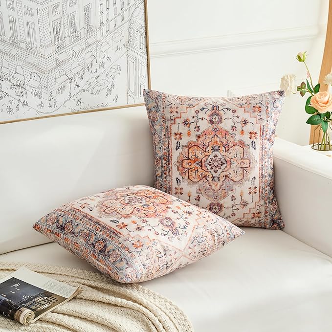 Boho Throw Pillow Covers 16x16 inch Set of 2,Boho Vintage Carpet Pattern Antique Ethnic Decor Double Sided Pattern Cushion Cover Soft Pillow Case Living Sofa Room Bed Square Pillow Cover
