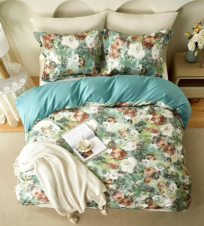 Cupocupa Duvet Cover Queen Size Set Boho Floral Pattern Queen Duvet Cover Set for Queen Size Bed Vintage Soft Bedding Leaf Print Duvet Cover with Pillowcases