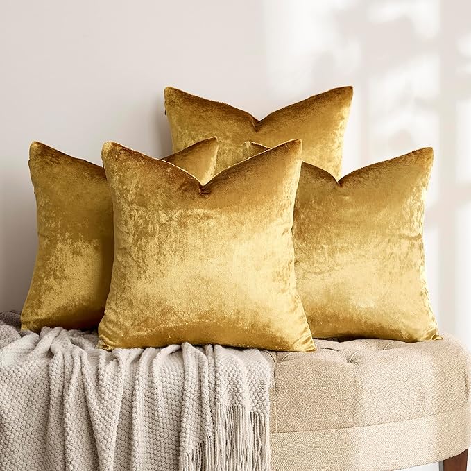 GIGIZAZA Gold Pillow Covers 20x20 Set of 4,Velvet Luxury Couch Throw Pillow Soft Covers Decorative Modern Square Pillows Living Room Vintage Cushion Covers