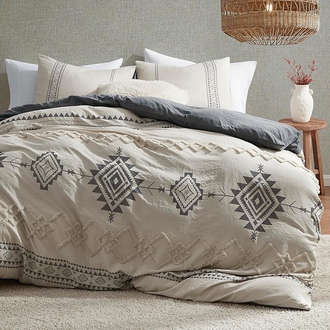 Oli Anderson Boho Duvet Cover Set King Size, Beige and Gray Color Clash 3 Pieces Microfiber Bedding Set, Durable and Super Soft Duvet Covers with Zipper and Ties, 104"*90"