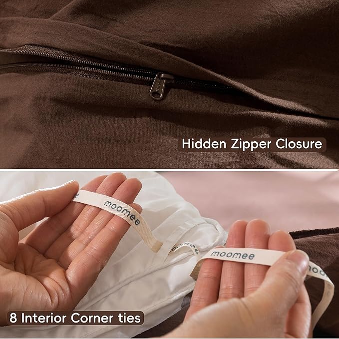 MooMee Bedding Duvet Cover Set 100% Washed Cotton Linen Like Textured Breathable Durable Soft Comfy (Solid Cocoa Brown, King 104"x90")