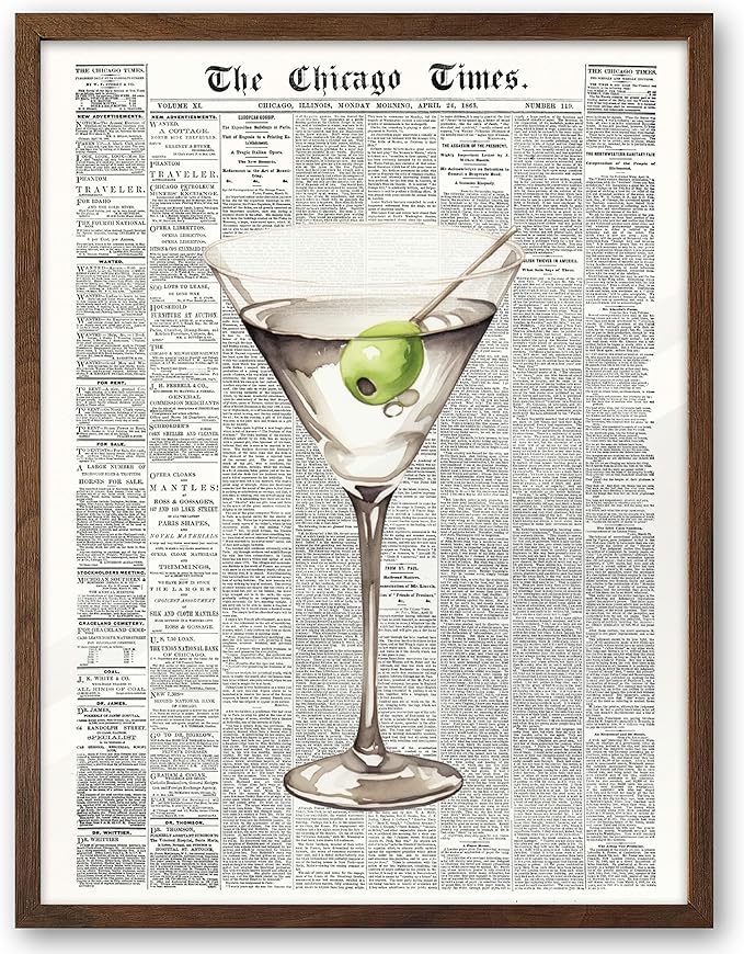 EcoHest Trendy Newspaper Martini Framed Wall Art, 12x16 in Walnut Color OAK Wood Retro Bar Cart Canvas Art, Magazine Aesthetic Apartment Art, Funky 70's Set of 1 for Bedroom Living Room