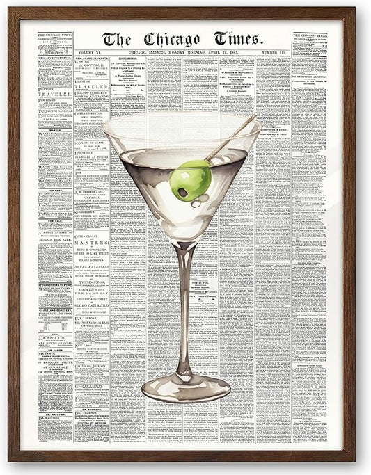 EcoHest Trendy Newspaper Martini Framed Wall Art, 12x16 in Walnut Color OAK Wood Retro Bar Cart Canvas Art, Magazine Aesthetic Apartment Art, Funky 70's Set of 1 for Bedroom Living Room