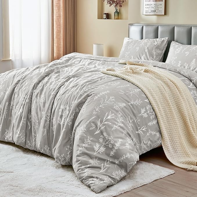 MUXHOMO Duvet Cover Full Size, Reversible Floral Silver Gray Duvet Cover Set with Zipper Closure, 3 Pieces Botanical Patterns Soft Microfiber Bedding Set with 4 Ties (80"x90", 2 Pillow Cases)