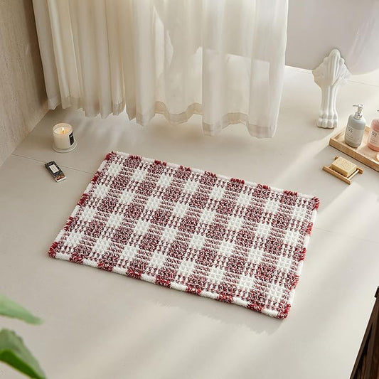 Waffle Bath Mat, Boho Bathroom Rugs Non Slip Washable Absorbent Checkered Bathroom Mat Quick Dry Cute Bath Mat, 24"x16" Red and White