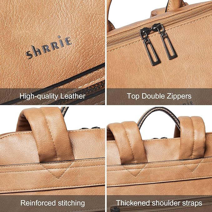 Shrrie 15.6 inch Laptop Backpack for Women,Large Leather Purse,Travel Backpacks Carry on,Water Resistant Casual Laptop Backpacks,College Backpack,Work Backpack for Women,Two-tone Camel Brown