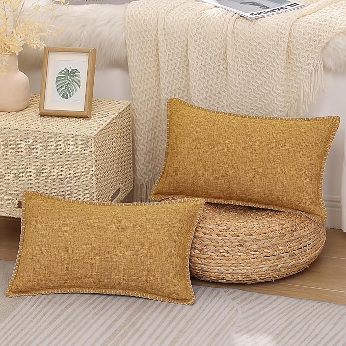 decorUhome Decorative Outdoor Throw Pillow Covers 12x20 Set of 2, Lumbar Linen Rustic Neutral Farmhouse Euro Pillow Covers with Stitched Edge for Couch, Sofa, Living Room, Bronze Gold