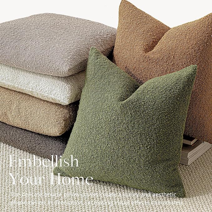 Foindtower Set of 2, Decorative Textured Boucle Throw Pillow Covers Accent Solid Pillow Cases Neutral Soft Cozy Couch Cushion Case for Chair Sofa Bedroom Living Room Home Decor 16 x 16 Inch Green