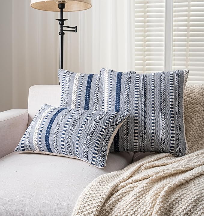 Boho Throw Pillow Covers 20x20 Inch Set of 2, Farmhouse Decorative Couch Pillow Cases, Navy Blue Accent Pillows of Bed, Sofa Bedroom Living Room Home Decor Cushion Cover