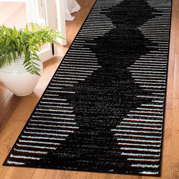 Rugshop Bohemian Stripe Stain Resistant High Traffic Living Room Kitchen Bedroom Dining Home Office Runner Rug 2' x 7' Black