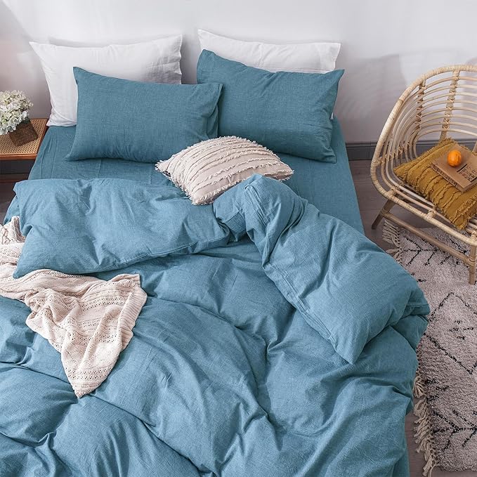 MooMee Bedding Duvet Cover Set 100% Washed Cotton Linen Like Textured Breathable Durable Soft Comfy (Heathered Peacock Blue, Cal King 104"x98")