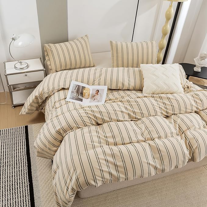 ECOCOTT Duvet Cover Set, 100% Washed Cotton Linen-Like Textured Soft & Breathable, Durable Comfy Bedding Set for All Seasons (Dark Green Stripe, California King)