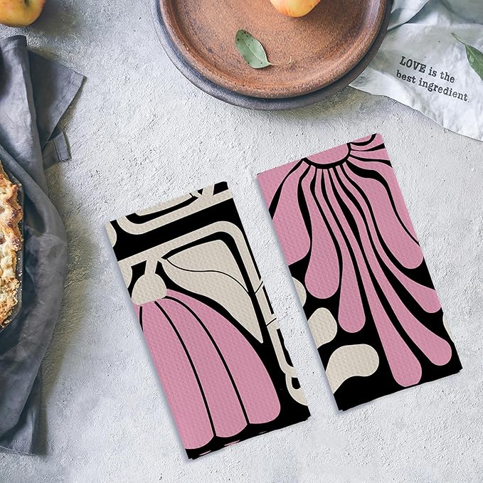 Abstract Boho Pink and Beige Floral Kitchen Towels Set of 2, Retro 70s Groovy Floral Hand Towels for Bathroom Decor, Modern Minimalist Botanical Dish Tea Towels for Kitchen Decor, 16x24 Inch