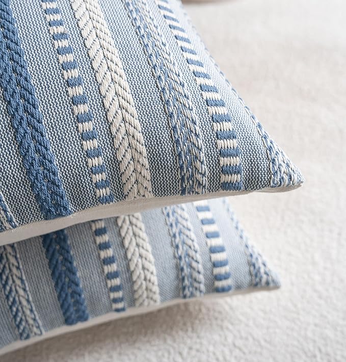 Boho Throw Pillow Covers 18x18 Inch Set of 2, Farmhouse Decorative Couch Pillow Cases, Blue Accent Pillows of Bed, Sofa Bedroom Living Room Home Decor Cushion Cover