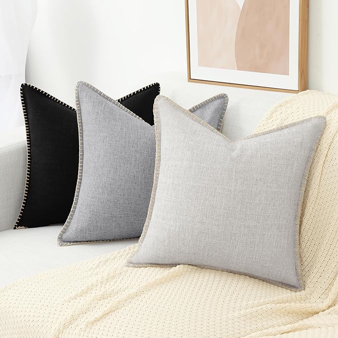 decorUhome Decorative Outdoor Throw Pillow Covers 22x22 Set of 2, Square Linen Rustic Neutral Farmhouse Euro Pillow Covers with Stitched Edge for Couch, Sofa, Living Room, Light Grey