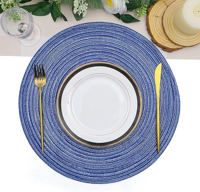 SHACOS Round Braided Placemats Set of 8 Round Table Mats for Dining Tables Washable Fabric Kitchen Table Place Mats (Blue White, 8)