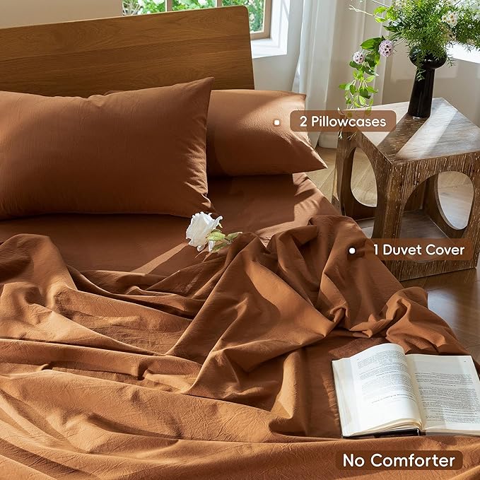 MooMee Bedding Duvet Cover Set 100% Washed Cotton Linen Like Textured Breathable Durable Soft Comfy (Solid Dark Orange, King 104"x90")