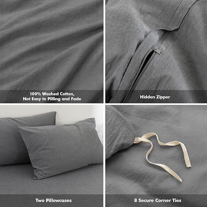 FOSSA Duvet Cover Set 100% Washed Cotton Linen Feel Super Soft Breathable Cozy 3 Pieces Bedding Sets Solid Dark Grey King