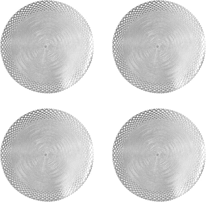 Vinyl Round Placemats Set of 4 - Non Slip Place Mats Ideal for Indoor and Outdoor Dining Table - Washable and Heat Resistant Table Mat for Kitchen Tables (Vincent Silver)