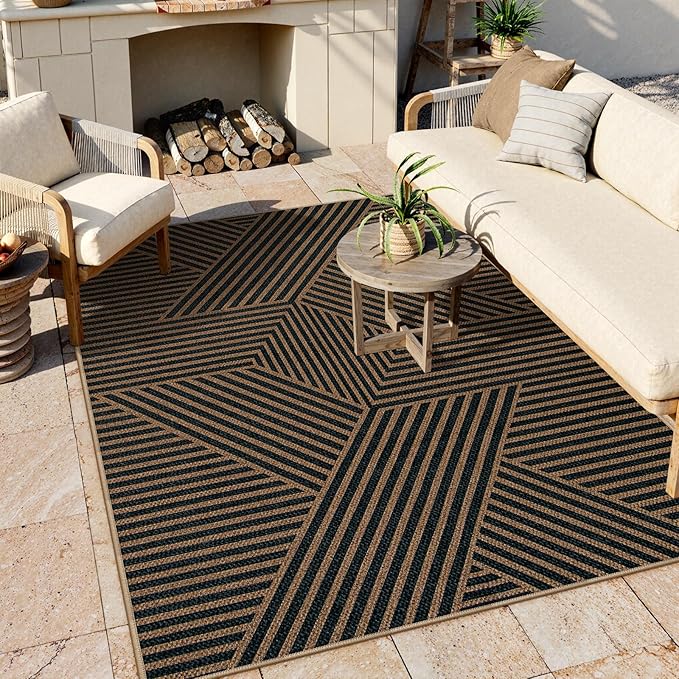 Lahome Modern Geometric Outdoor Easy Jute Rug, 5x7 Patio Living Room Rug Large Black Carpet for Bedroom, Farmhouse Washable Indoor Outdoor Carpet for Dining Room Backyard Deck