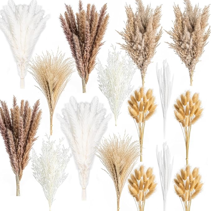 300PCS Natural Dried Pampas Grass Boho Home Decor Bouquet Phragmites Dried Flowers Bouquet for Wedding Floral Arrangements Home Decorations (300PCS)