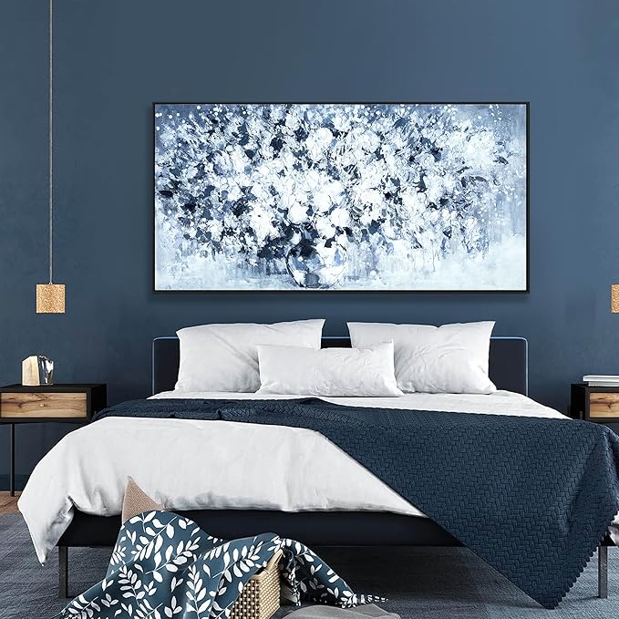 Wall Art Plant Wall Modern Paintings Dark Blue White Floral Canvas Wall Art For Living Room Hand Painted Framed Artwork Poster Botanical Picture Wall Decor For Office Hotel Home Decor 24x48 Inch