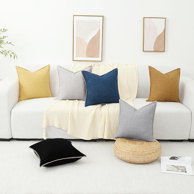 decorUhome Decorative Outdoor Throw Pillow Covers 20x20 Set of 2, Square Linen Rustic Neutral Farmhouse Euro Pillow Covers with Stitched Edge for Couch, Sofa, Living Room, Light Grey