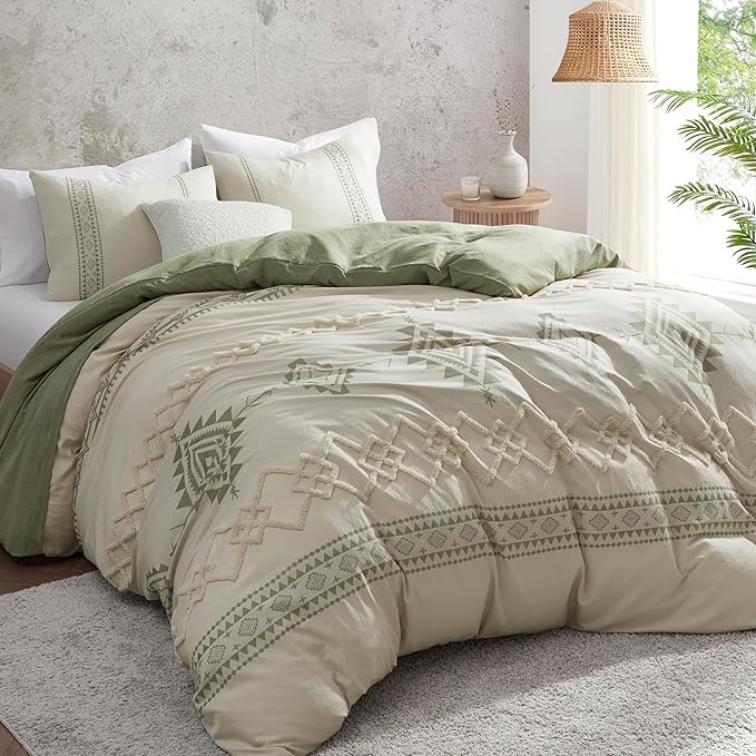 Oli Anderson Boho Duvet Cover Set King Size, Beige and Sage Green Color Clash 3 Pieces Microfiber Bedding Set, Durable and Super Soft Duvet Covers with Zipper and Ties, 104"*90"