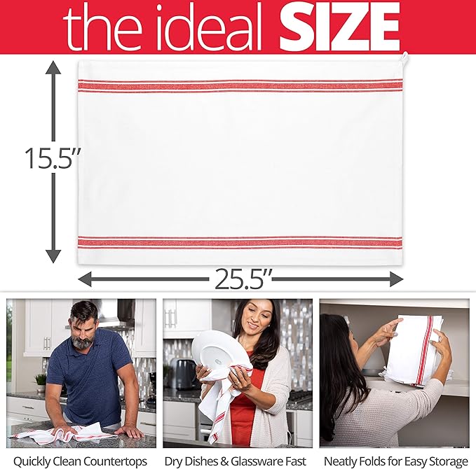 Aunti Em's Kitchen Dish Towels Set (13 Pack) Natural Cotton Fabric for Embroidery - Zero-Lint Cloth for Drying Glasses, Plates, Hand - 25.5 x 15.5 Inch (13-Pack Red Stripes)