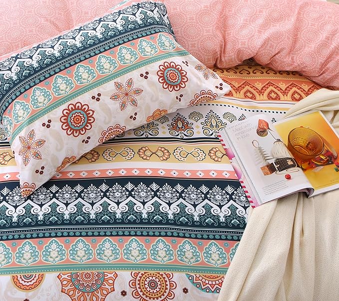 MUXHOMO Duvet Cover Queen Size Floral Duvet Cover Set with Zipper Closure, Boho Flower Bedding Set, 3 Pieces, 1 Duvet Cover 90"x90" with 4 Corner Ties and 2 Pillowcases 20"x30"