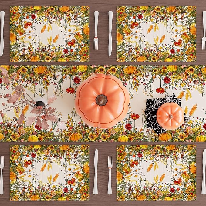 XCHI Fall Color Wild Flowers Pumpkin Placemats Set of 4 Table Mats for Party Home Kitchen Dining Table Decorations 12x18 Inch