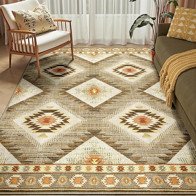 Area Rug 6x6 Rug Machine Washable Non-Slip Low Pile Print Pattern Western Rug for Living Room Bedroom Entryway Tribal Series -Cream/Camel