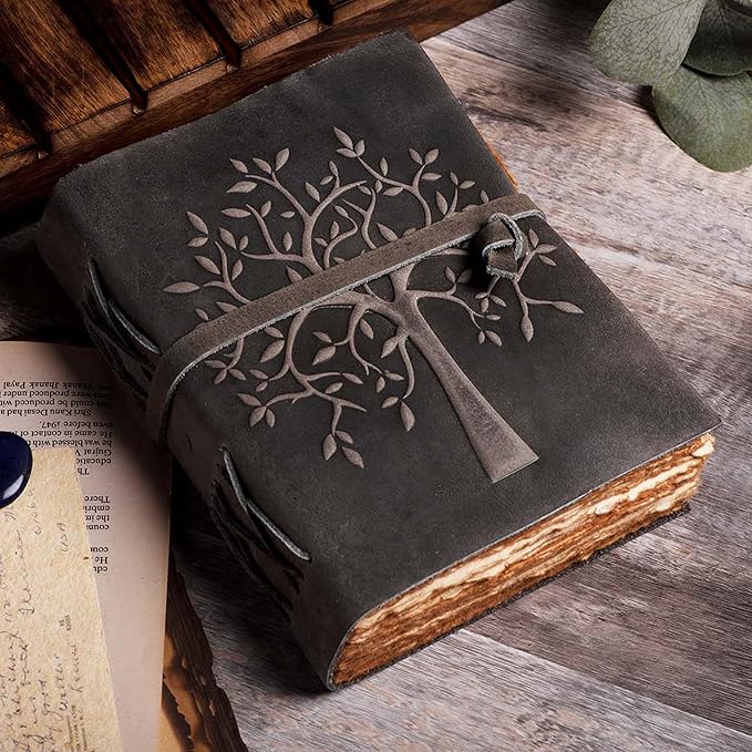 LEATHER VILLAGE Tree of Life Journal - 6 X 4 (A6) inches - Black - 200 Antique Deckle Edge Handmade Paper – Book of Shadows - Vintage Leather Bound Journal for Women & Men