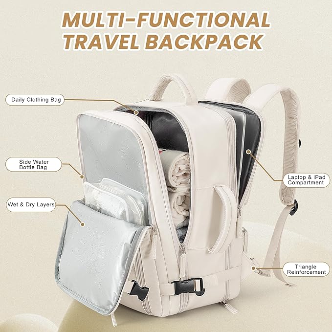Beraliy Travel Backpack, Large Carry On Backpack, Personal Item Travel Bag, Airline Approved 17 Inch Laptop Backpack, College Weekender Business Hiking Bag, Beige