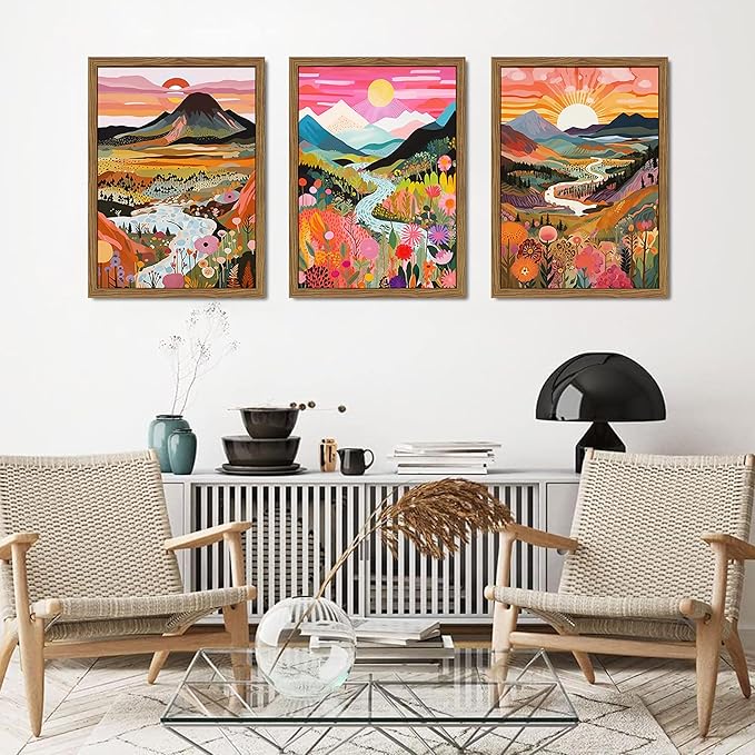 Wood Framed Boho Colorful Landscape Canvas Wall Art Set of 3 - Abstract Mountain Wall Decor Paintings, Nature Floral Poster Prints Aesthetic Home Decor for Living Room Bathroom Bedroom 16x24 inch
