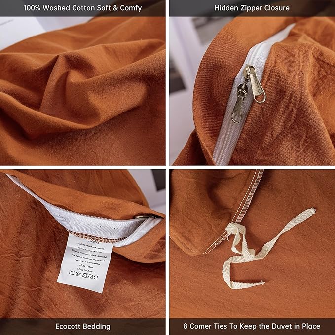 ECOCOTT Brown Duvet Cover Queen Size, 3 Piece 100% Washed Cotton 1 Duvet Cover with Zipper and 2 Pillowcases, Ultra Soft and Easy Care Breathable Cozy Bedding Set(Brown,Queen)