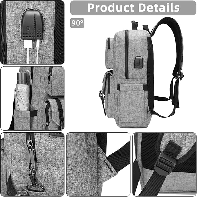 HFSX Laptop Backpack Women Men College Backpacks Bookbag Vintage Backpack Book Bag Fashion Back Pack Anti Theft Travel Backpacks with Charging Port fit 15.6 Inch Laptop Grey