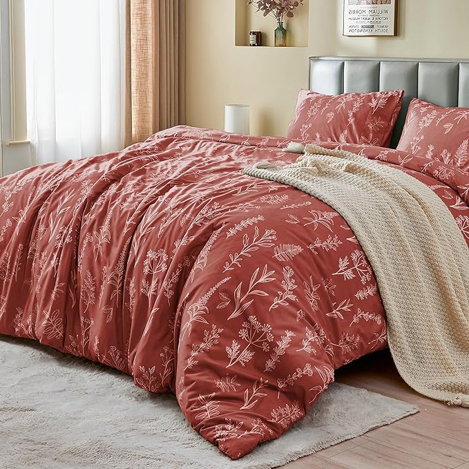 MUXHOMO Duvet Cover Queen Size, Reversible Floral Terracotta Duvet Cover Set with Zipper Closure, 3 Pieces Botanical Patterns Soft Microfiber Bedding Set with 4 Ties (90"x90", 2 Pillow Cases)