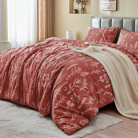 MUXHOMO Duvet Cover Queen Size, Reversible Floral Terracotta Duvet Cover Set with Zipper Closure, 3 Pieces Botanical Patterns Soft Microfiber Bedding Set with 4 Ties (90"x90", 2 Pillow Cases)