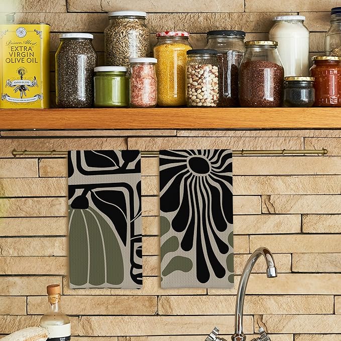 Sage Green Groovy 70s Retro Kitchen Towels Set of 2 - Boho Floral Dish Towels for Kitchen, Boho Hand Towels for Bathroom, Boho Sage Green Bathroom Kitchen Decor, 16x24 Inches
