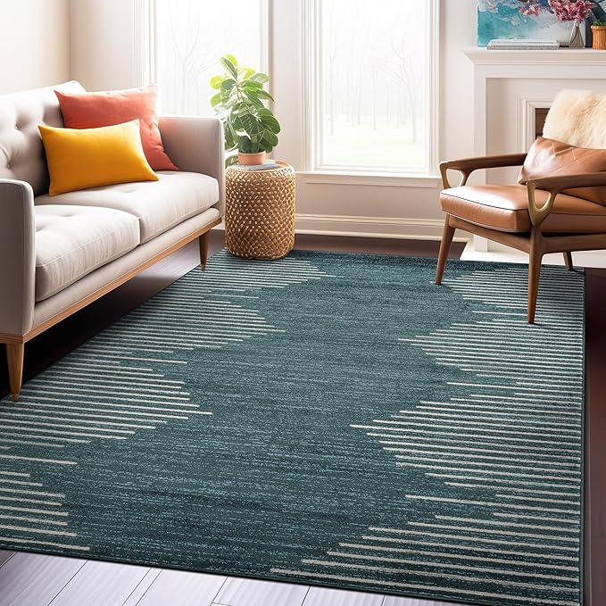 Rugshop Bohemian Stripe Stain Resistant High Traffic Living Room Kitchen Bedroom Dining Home Office Area Rug 5' x 7' Teal