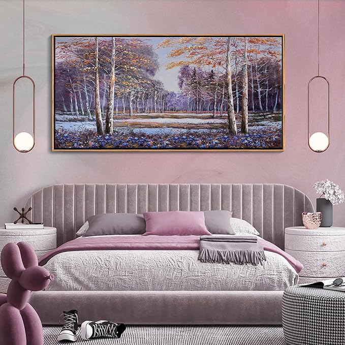 KLAKLA Large Purple Wall Art - Blue and Orange Nature Scenery Tree landscape Wall Decor Living Room Bedroom Forest Pictures Framed Artwork for Wall Blue Flower Wall Art