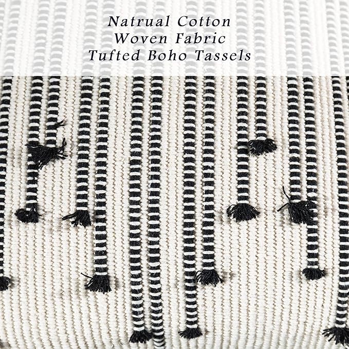 LIGICKY Boho Lumbar Pillow Covers Decorative Woven Tassel Throw Pillows Rectangle Pillow Sham Black and Off White Pillowcase for Couch Sofa Bed Car 12x20 Inch