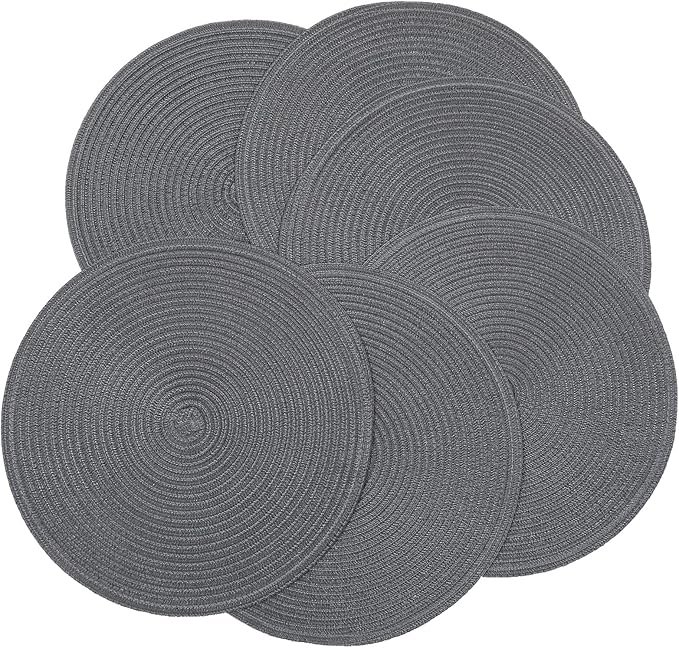 SHACOS Round Placemats Set of 6 Washable 15 inch Round Table Mats Cotton Polyester Woven Braided Place Mats for Dining Table (Charcoal Gray, 6)